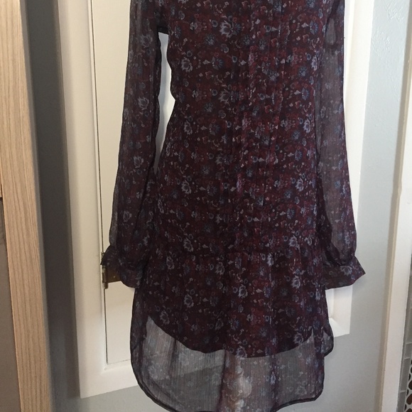 Ruffled Front Floral Purple Blue Long Sleeve Dress - Picture 2 of 7